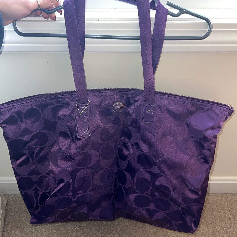 Coach Womens Getaway Monogram Nylon Weekender Tote Bag Purple Foldable Travel